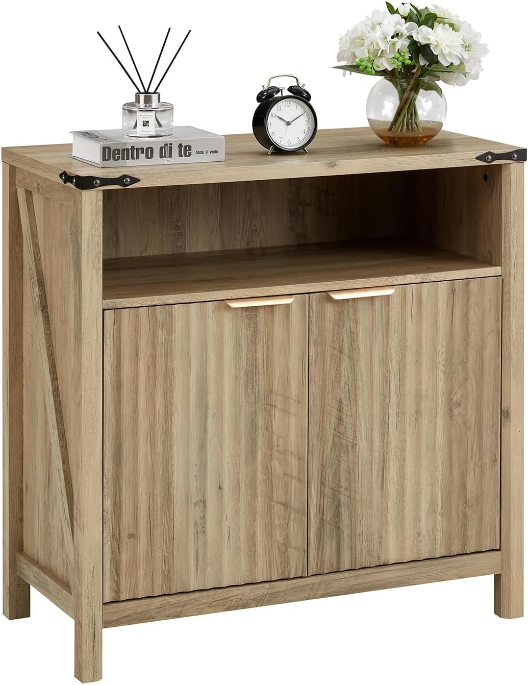 Size 32 Inch Color brown Fluted Sideboard Buffet Cabinet with Storage, Modern Farmhouse Accent Credenza with Adjustable Shelves, Coffee Wine Bar Organizer for Kitchen, Living Room (Sunwashed Ash Oak)